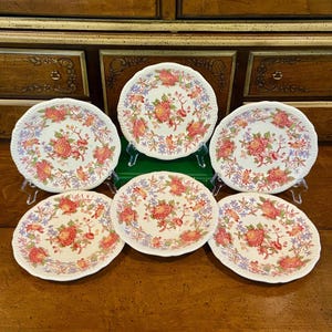 May include: Six white ceramic plates with a floral design featuring red, orange, and purple flowers. The plates have a scalloped edge and are arranged on a wooden surface. The plates are displayed on clear plastic stands.