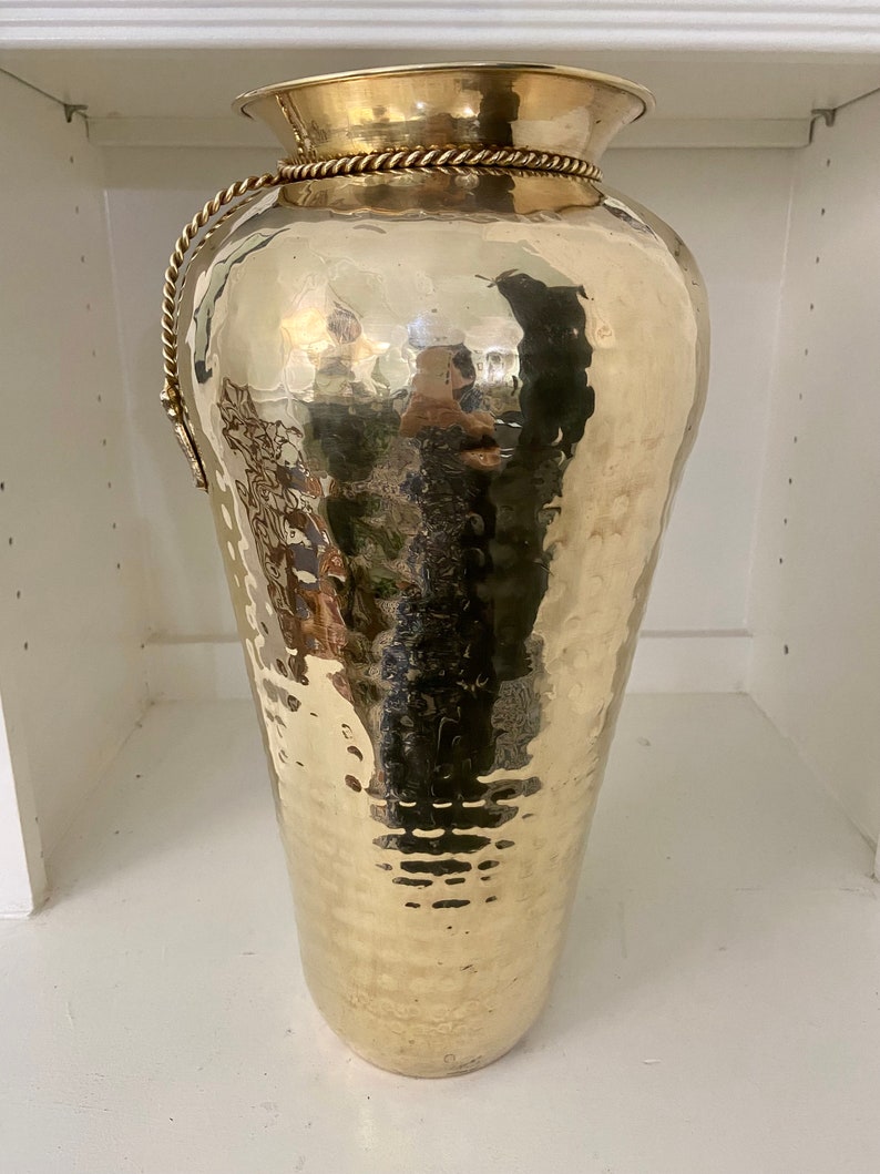Vintage Hammered Brass 15 Vase with Rope & Tassel Accent image 3