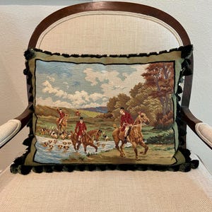 Aubusson Fox Hunt Petite Point Needlepoint Throw Pillow