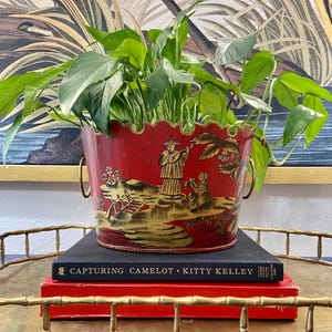 Chinoiserie Red / Gold Tole Cachepot Planter