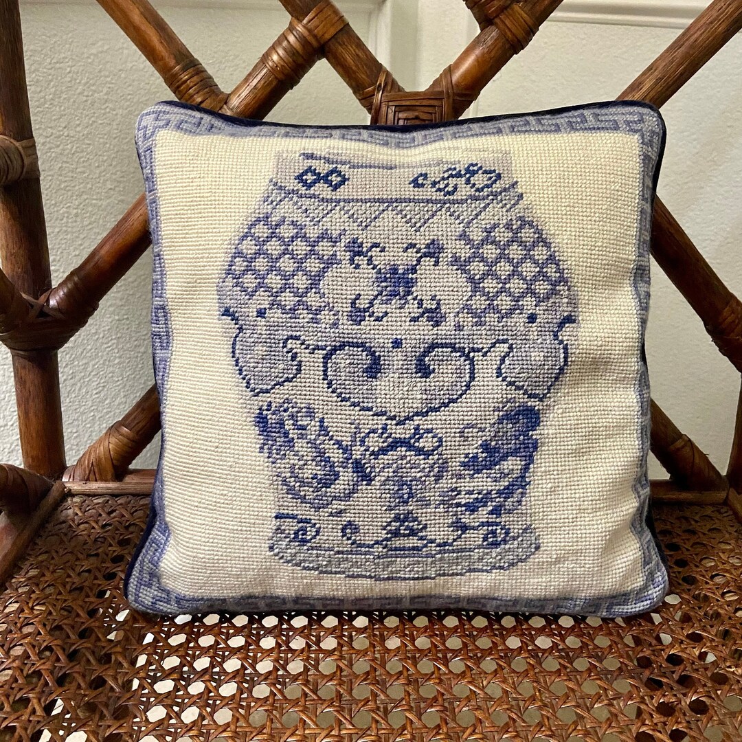 Chinoiserie Blue and White Ginger Jar Needlepoint Pillow by Etsy