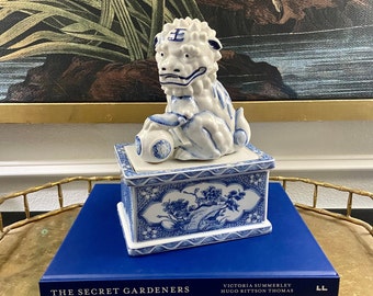 Chinoiserie Blue and White Foo Dog Trinket Box by Andrea of Sadek
