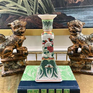 Chinoiserie Famille Verte Bok Choy Porcelain Candleholder