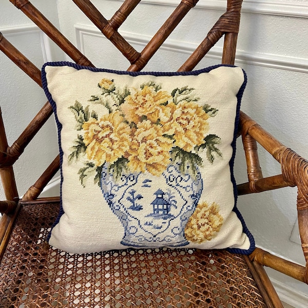 Chinoiserie Yellow Floral / Pagoda Vase Needlepoint Throw Pillow