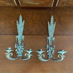 Pair of Brass Wheat Sheaf and Ribbon Bow Candle Wall Sconces with Veridgris Finish