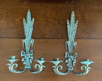 Pair of Brass Wheat Sheaf and Ribbon Bow Candle Wall Sconces with Veridgris Finish