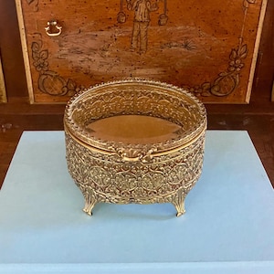 Vintage Ormolu Beveled Glass Jewelry Trinket Box