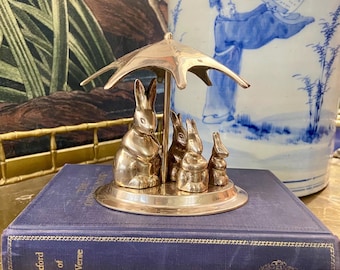 Brass Rabbit Family Under Umbrella Figurine