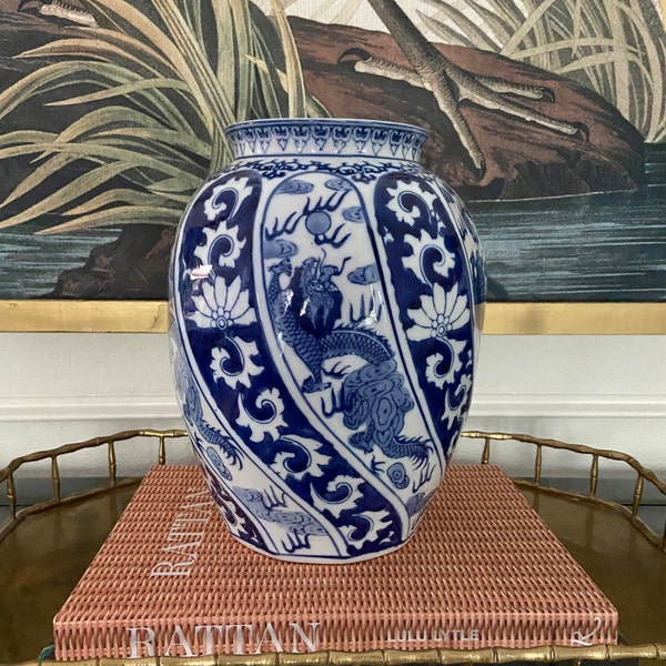 Chinoiserie Blue and White Dragon and Floral Swirled  10.75" Vase