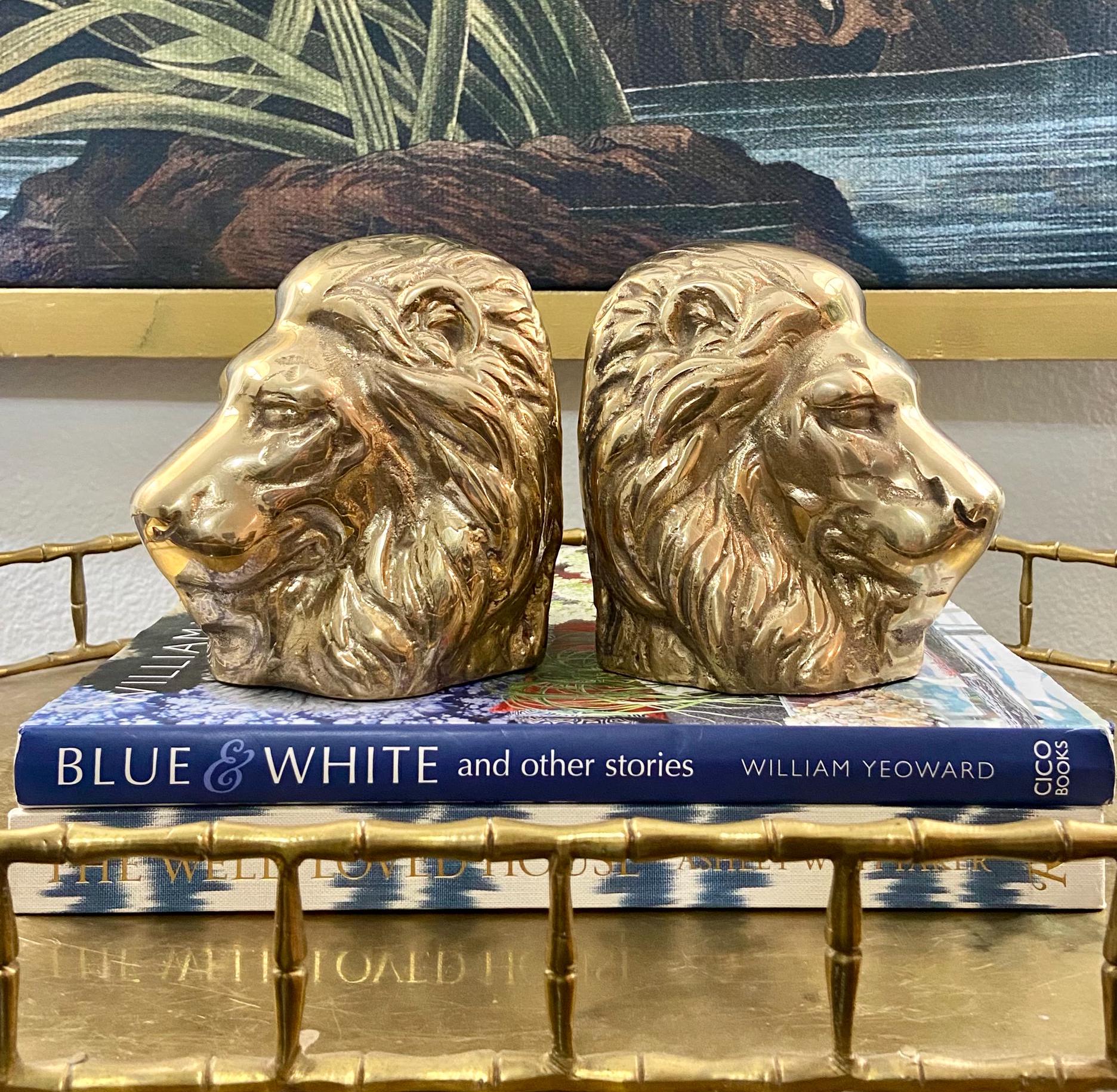 Vintage Heavy Majestic Brass Lion Head Bookends
