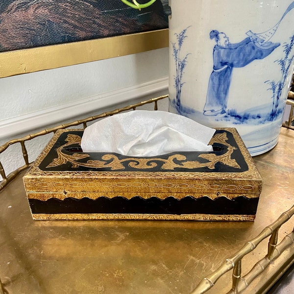 Vintage Black / Gold Florentine Wood Tissue Box