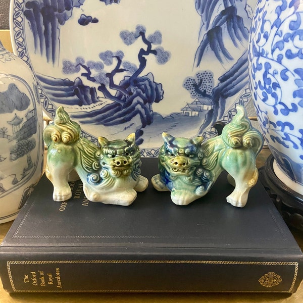 Pair of Petite Blue & Green Foo Dogs