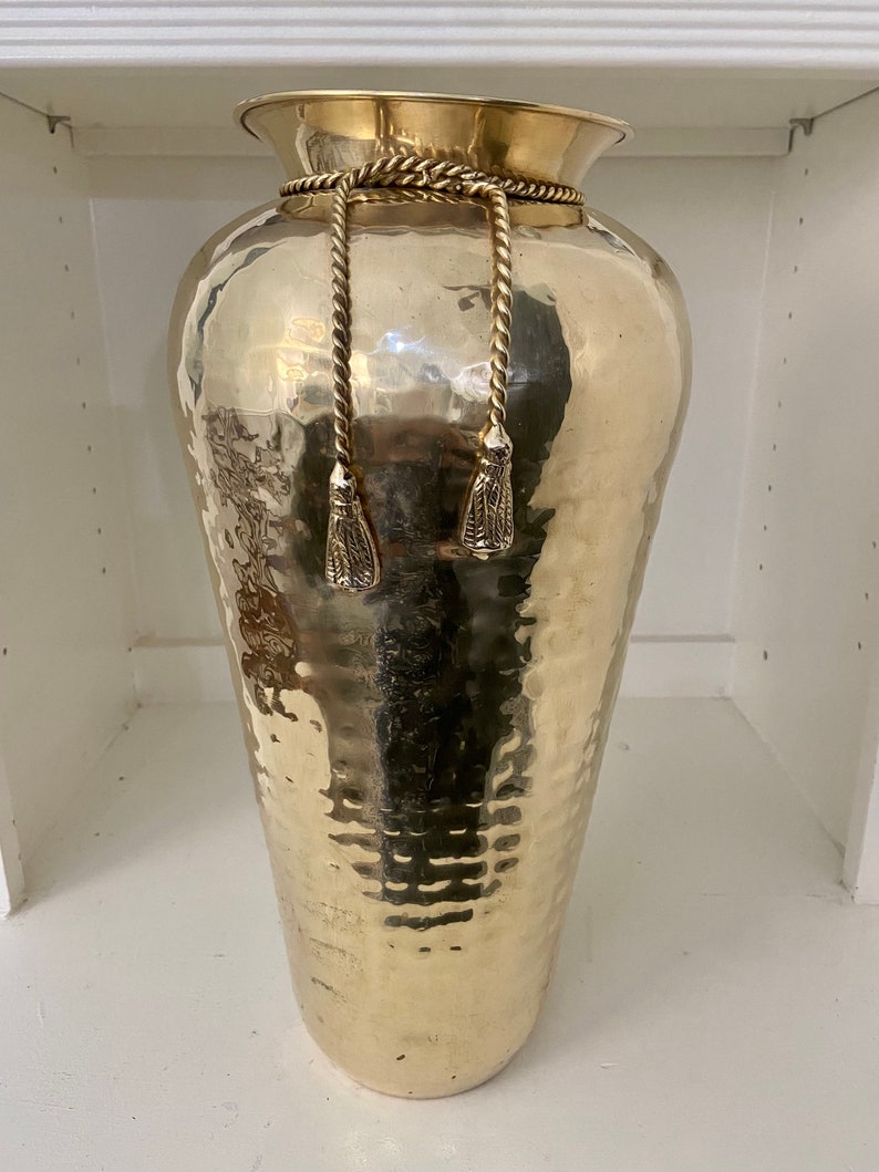 Vintage Hammered Brass 15 Vase with Rope & Tassel Accent image 2