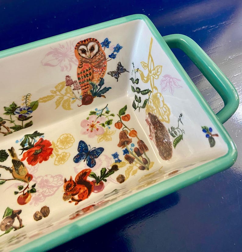 K&ouml;nnte beinhalten: Rechteckige Servierschale aus Keramik mit wei&szlig;em Innenraum und hellgr&uuml;nem Rand und Griffen. Die Schale ist mit farbenfrohen Illustrationen einer Eule, eines Eichh&ouml;rnchens, Schmetterlingen, Blumen und Pilzen verziert.