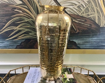 Vintage Hammered Brass 15" Vase with Rope & Tassel Accent