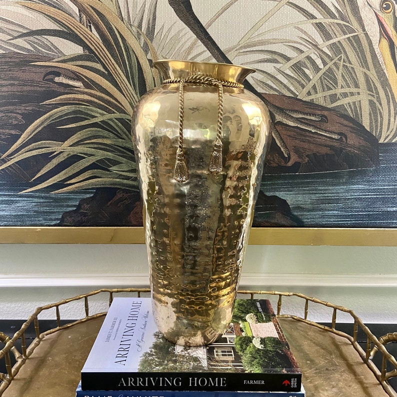 Vintage Hammered Brass 15 Vase with Rope & Tassel Accent image 1