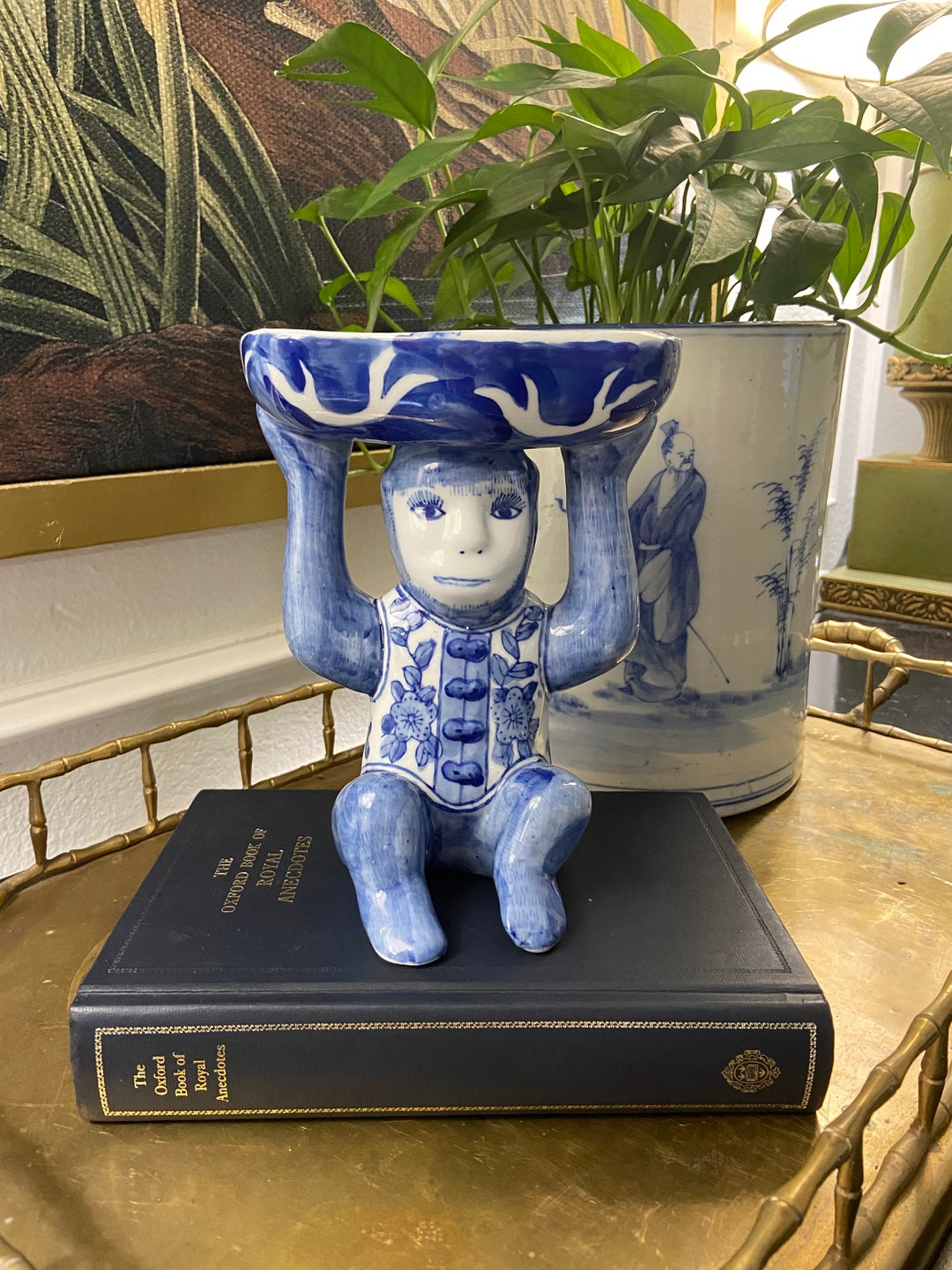 Chinoiserie Blue and White Monkey Trinket Tray/pedestal Bowl Etsy