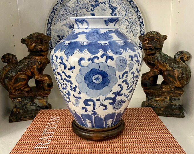 Vintage Chinoiserie Blue and White Porcelain Vase With Carved Wood ...
