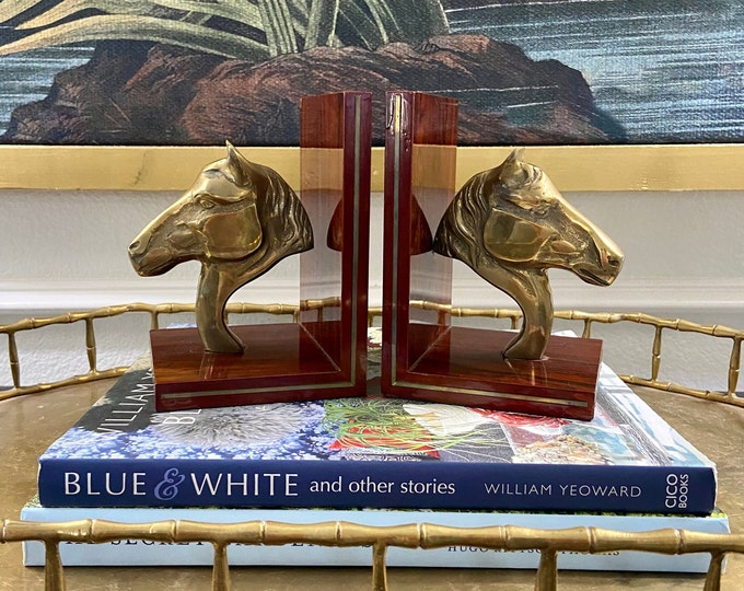 Pair of Brass Horse and Wood Bookends