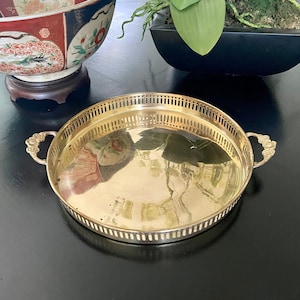 Vintage Brass Round Reticulated Tray with Floral Handles