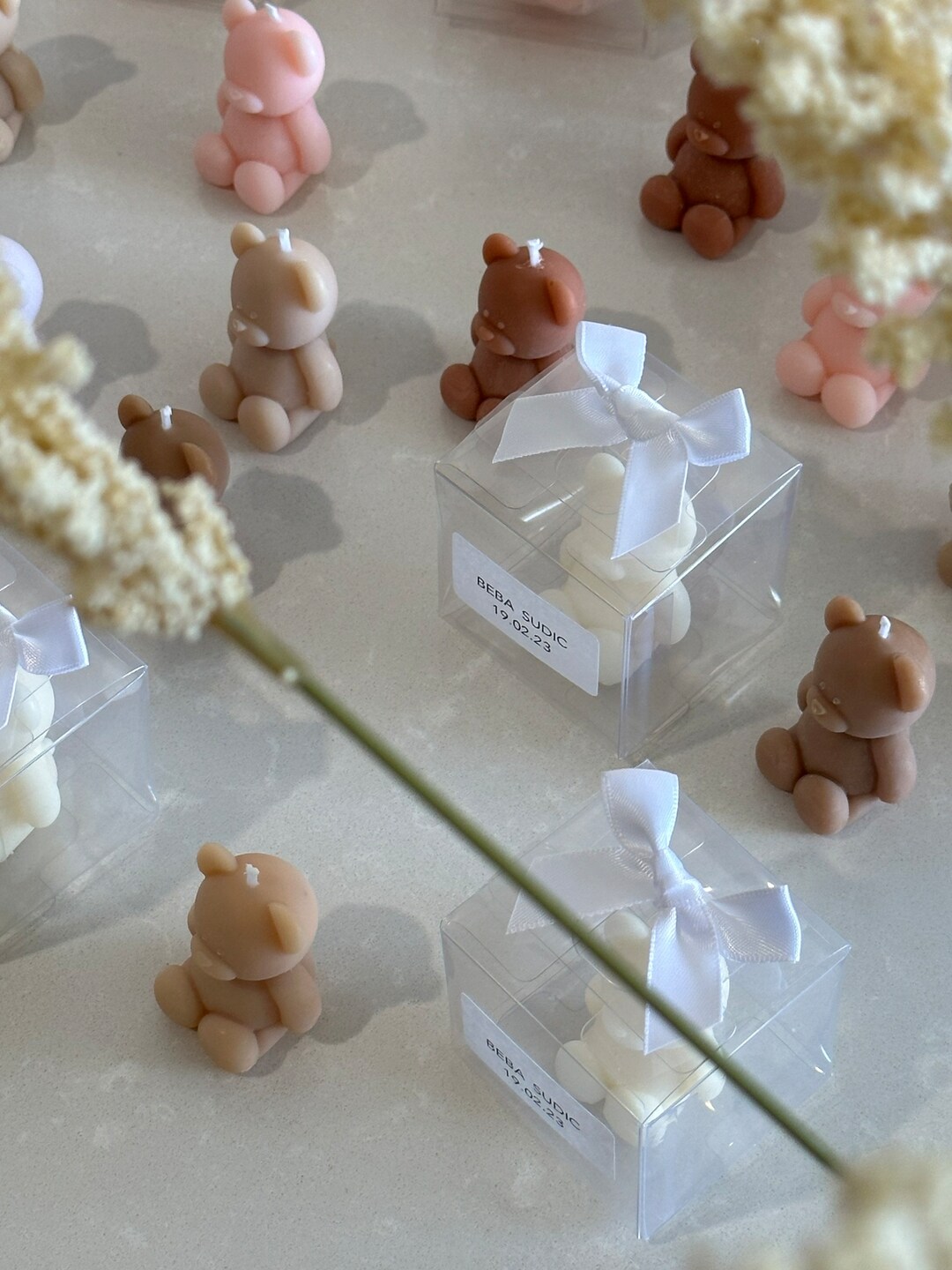 1/5/10 X Mini Teddy Bear Candles in Clear Box & Personalised Rectangle