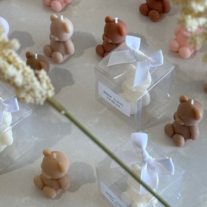 Mini Teddy Bear Candle in Clear Box with Personalised Rectangle Label and White Ribbon Bow | Event Favours | Weddings | Wholesale