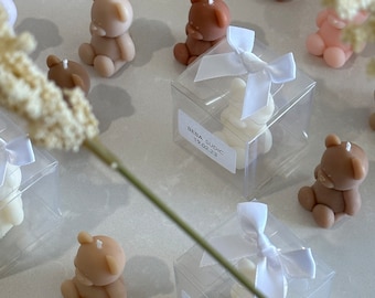 Vela de osito de peluche + caja transparente + etiqueta rectangular personalizada + lazo de cinta blanca / Recuerdos para eventos / Bodas / Venta al por mayor