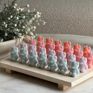 May include: A collection of small, bear-shaped candles in pastel shades of pink, lavender, and sage green, arranged in rows on a rectangular stone tray. Each candle features a single white wick at the top. The text TheFavourShopAU is visible.