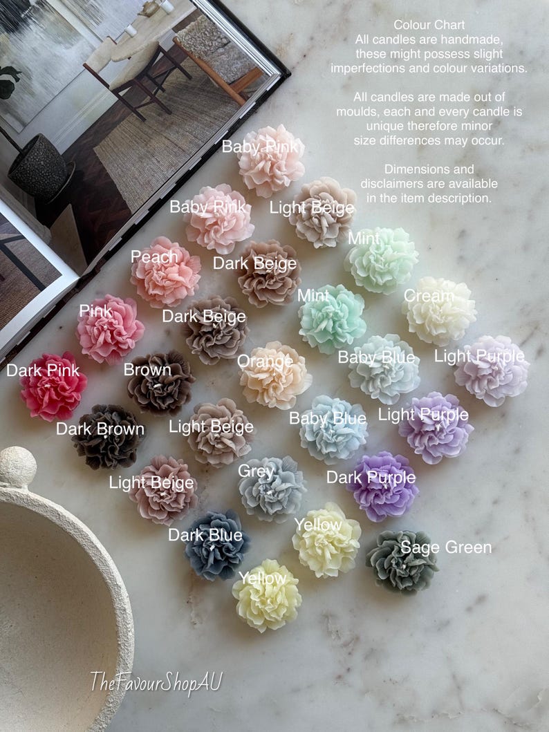 May include: A selection of handmade flower-shaped candles in a range of colours, such as pink, beige, and purple. The candles are made using moulds and may have minor variations. The image includes text that reads "The Favour ShopAU".