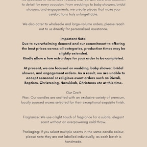 May include: A beige informational sign with black text titled Welcome to TheFavour ShopAU. The text outlines business details, including handmade favors, production times, order focus, candle wax and fragrance information, and packaging notes.