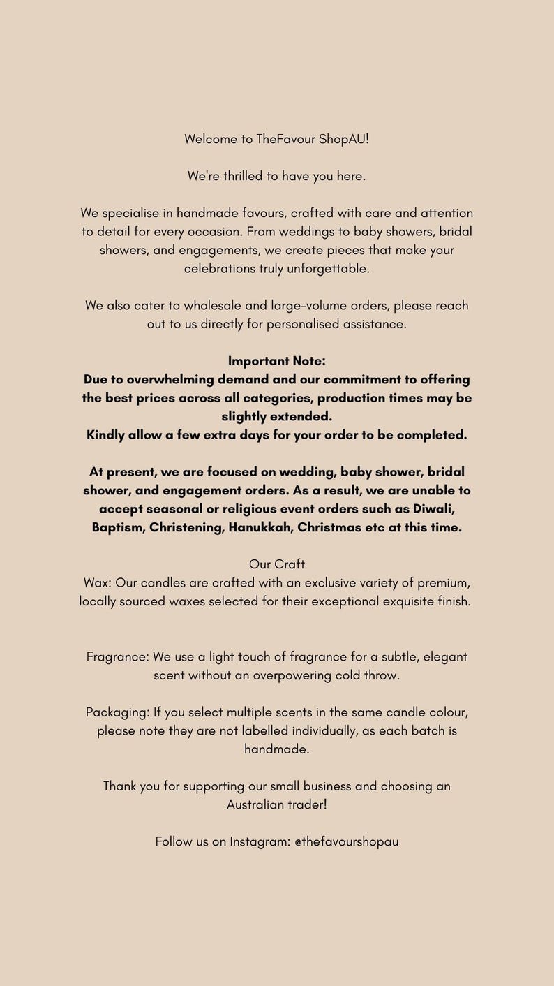 May include: A beige informational sign with black text titled Welcome to TheFavour ShopAU. The text outlines business details, including handmade favors, production times, order focus, candle wax and fragrance information, and packaging notes.