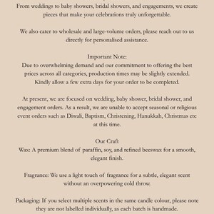 May include: Cream-coloured text on a cream background. The text welcomes customers to TheFavour ShopAU, describing handmade favours for weddings, baby showers, and engagements. It also mentions wholesale orders and Instagram: @thefavourshopau.