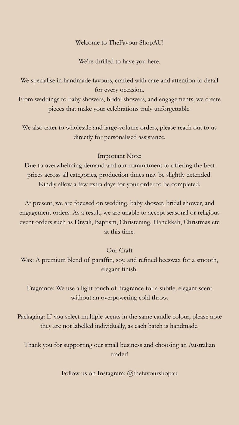 May include: Cream-coloured text on a cream background. The text welcomes customers to TheFavour ShopAU, describing handmade favours for weddings, baby showers, and engagements. It also mentions wholesale orders and Instagram: @thefavourshopau.