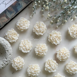 Può includere: Una collezione di cera profumata a forma di fiore color bianco sporco disposta a griglia. Ogni pezzo presenta dettagli intricati di petali stratificati che ricordano un garofano. Il testo TheFavourShopAU è stampato tra i fiori di cera.