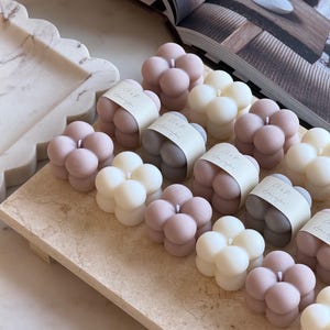Small Bubble Candles with Personalised Cream Tags | Wedding Favours | Scented Candles | Custom Bubble Cube Candles | Wholesale Event Favours