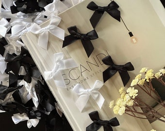 Satin Ribbon Bows | Handmade Ribbon Bows | Black Ribbon Bows / White Ribbons | Event Favours