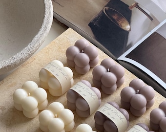 Small Bubble Candles + Personalised Cream Tags | Wedding Favours | Unscented Candles | Custom Bubble Cube Candles | Wholesale Favours