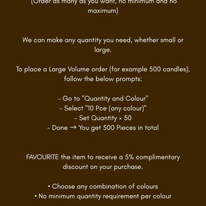 May include: A brown background displays text about bulk orders, with no minimum or maximum quantity. Instructions are given for large volume orders, including how to select quantity and colour. A 5% discount is offered for favouriting the item.