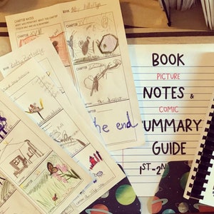 Puede incluir: Un conjunto de notas de libro y páginas de cómics con ilustraciones dibujadas a mano. Las páginas están etiquetadas con números de capítulo y títulos, incluyendo "Betsy Butterfly" y "The Keeper". Las páginas también incluyen leyendas y espacio para notas. El texto "Book Picture Notes & Comic Summary Guide 1st-2nd" está escrito en una página de cuaderno rayada.