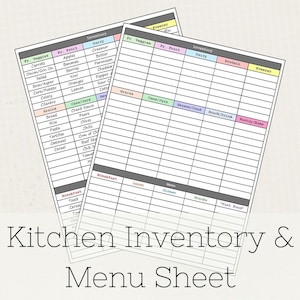 May include: Two white paper sheets with a grid layout for kitchen inventory and menu planning. The sheets are labeled with categories like "Fr. Veggies," "Fr. Fruit," and "Dairy." The text "Kitchen Inventory & Menu Sheet" is printed at the bottom.