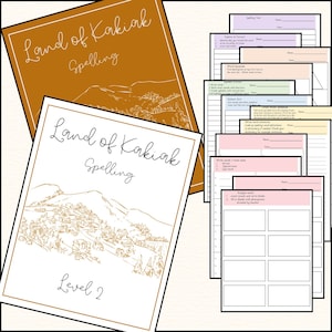 Puede incluir: Un conjunto de hojas de trabajo imprimibles para la práctica de la ortografía. Las hojas de trabajo se titulan "Land of Kakilak Spelling" y presentan una ilustración de un paisaje montañoso. Las hojas de trabajo están diseñadas para estudiantes de nivel 2.
