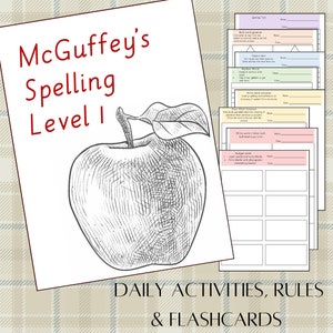 May include: McGuffey's Spelling Level 1 Daily Activities, Rules & Flashcards. A black and white illustration of an apple with a leaf on top. The title is in red text.