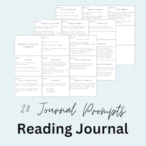 May include: A colorful chart with 20 reading journal prompts for students. The chart is divided into 20 squares, each with a different prompt for each day of reading. The prompts are organized by category, such as setting, characters, plot, rising action, narrator, and viewpoint.