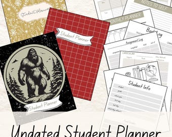 May include: A set of printable student planner pages with different designs. The pages include a monthly planner, lesson plans, assignment log, book log, student info, and notes to self. The pages are black and white with a red and white checkered design.