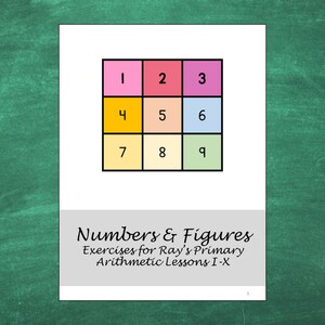 Puede incluir: Una cuadrícula colorida con los números del 1 al 9. La cuadrícula está dividida en nueve cuadrados, cada uno con un color diferente. El título de la página es "Numbers & Figures Exercises for Ray's Primary Arithmetic Lessons I-X".