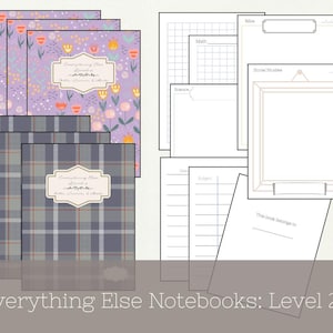 Könnte beinhalten: Eine Sammlung von Notizbüchern mit floralen und karierten Einbänden sowie linierten Seiten. Die Notizbücher tragen ein Etikett mit der Aufschrift "Everything Else Notebooks". Der Text "Level 2" befindet sich am unteren Rand des Bildes.