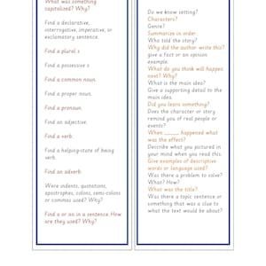 Puede incluir: Dos listas de verificación coloridas para comprobaciones de gramática y comprensión. La lista de verificación de gramática incluye preguntas como "Encuentra una s plural" y "Encuentra un verbo auxiliar en estado de ser". La lista de verificación de comprensión incluye preguntas como "¿Conocemos el escenario?" y "¿Qué crees que pasará después? ¿Por qué?"