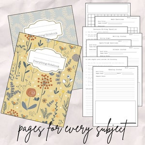 May include: Two yellow and blue floral notebooks with the text "Everything Notebook" on the front cover. The notebooks are surrounded by printable pages for different subjects, including math, writing, spelling, science, and reading.