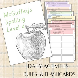 Puede incluir: McGuffey's Spelling Level 4, un recurso imprimible para enseñar ortografía, presenta una ilustración en blanco y negro de una manzana con un tallo y hojas verdes. El texto "DAILY ACTIVITIES, RULES, & FLASHCARDS" está impreso en negro en la parte inferior de la página.
