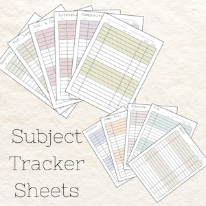 May include: A set of printable subject tracker sheets with different colored backgrounds. The sheets are labeled with subjects such as History, For. Lang, Lit. & Co, Literature, Composition, Elective, P.E., Comp. Sci., Science, and Math.